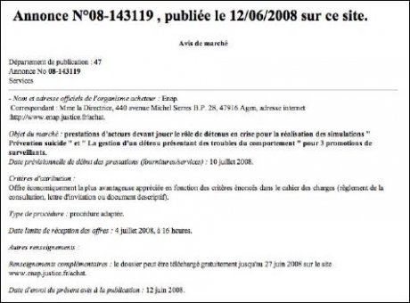 Appel d’offre lancé par l’Enap (Ecole nationale d’administration pénitentiaire) et dont l’objet vise à recruter des acteurs « devant jouer le rôle de détenus en crise » - JPG - 29.6 ko
