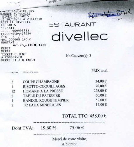Au restaurant le Divellec, une des cantines les plus chères de Paris, Dominique Baudis régale, pour 458 euros, le représentant de Taïwan, avec la carte professionnelle de l’IMA. Le monde arabe n’a pas de frontières ! Explication de M. Baudis : "Nous préparons une expo sur la relation entre la Chine et le monde arabe". Du bel échange culturel. - JPG - 42.3 ko